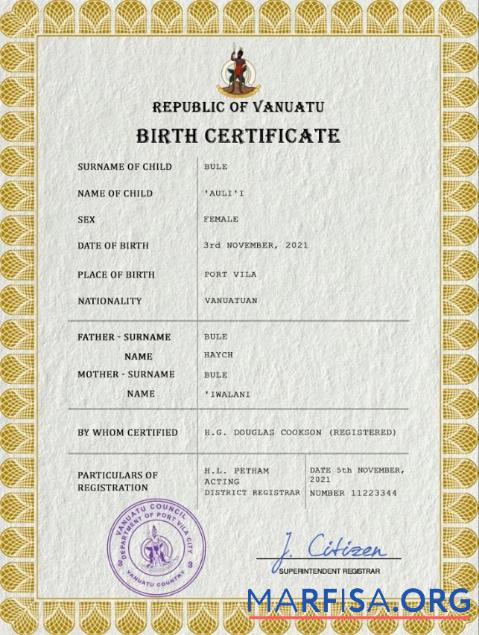 Downloadable Vanuatu vital record birth certificate PSD template
